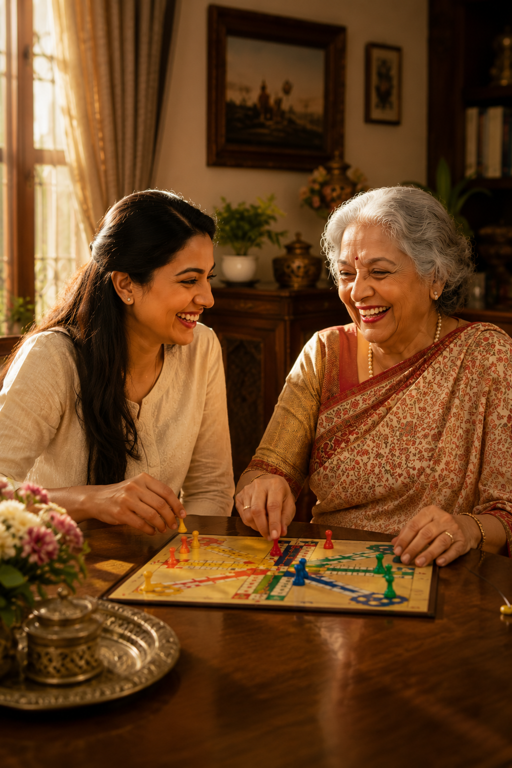 Daughter and elderly mother laughing together over a ludo board at home